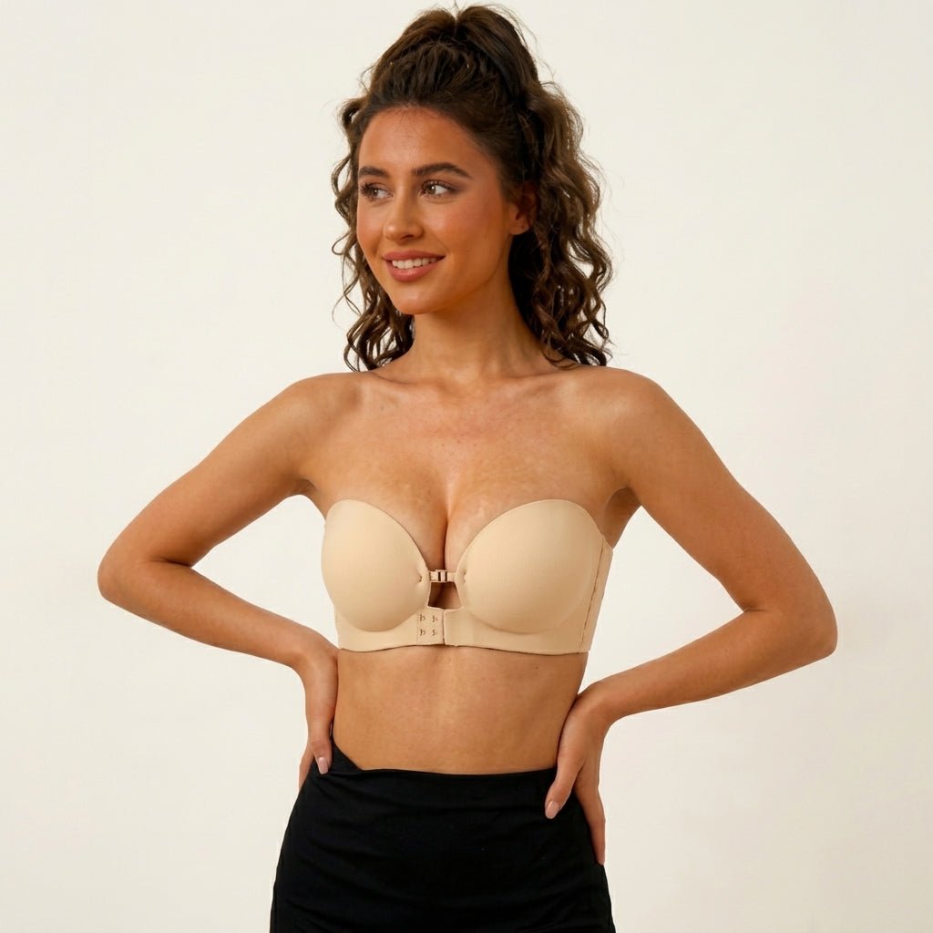 Black and beige strapless push-up bras with molded cups