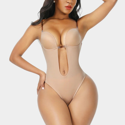 Backless U - Plunge Clear Strap Bodysuit - Luxmery