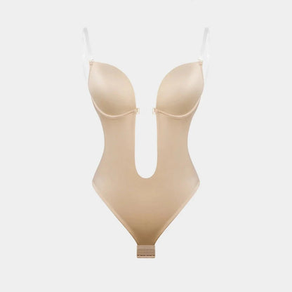 Backless U - Plunge Clear Strap Bodysuit - Luxmery