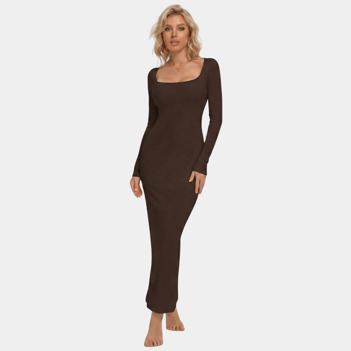 Long Sleeve Square Neck Sculpting Maxi Dress - Luxmery