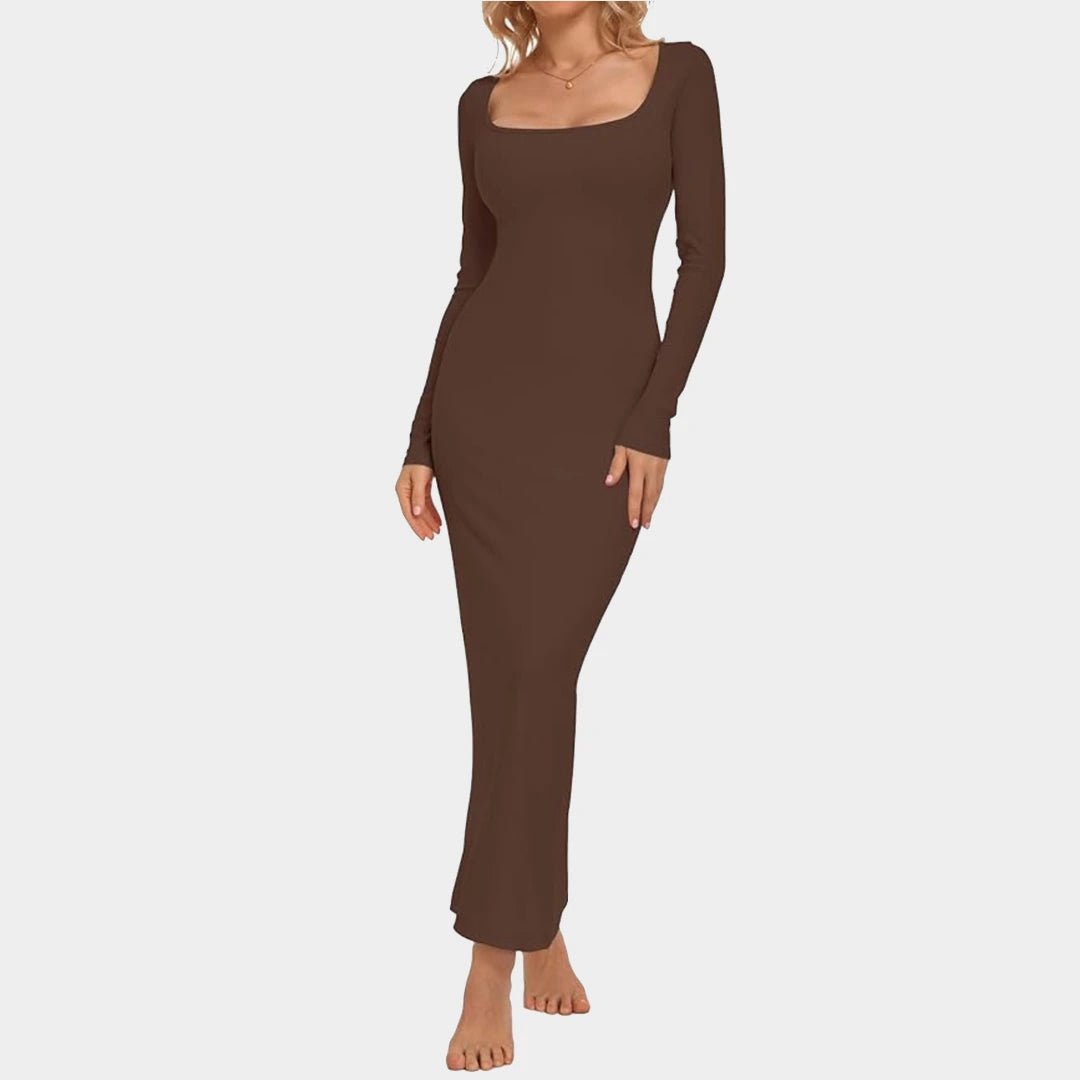 Long Sleeve Square Neck Sculpting Maxi Dress - Luxmery